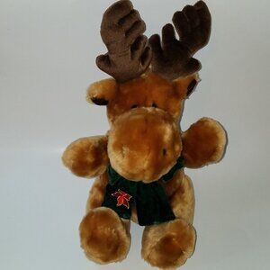 Dan Dee Brown Moose Plush 15" Stuffed Animal Toy Reindeer Green Poinsettia Scarf